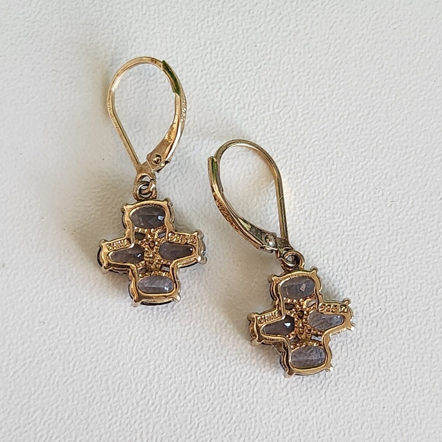 925 Sterling Silver Gold Vermeil Purple CZ Cross Dangle Earrings
