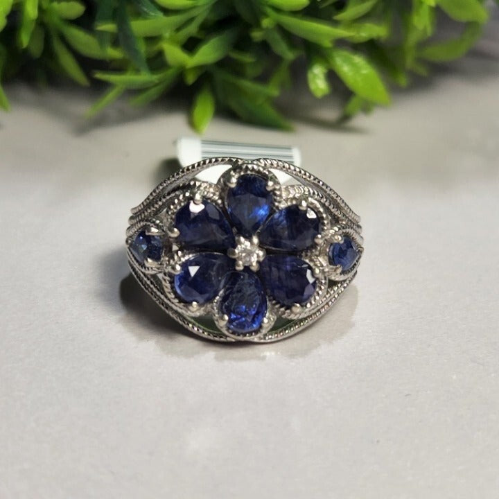 925 Sterling Silver Vintage Art Deco Blue Flower Ring
