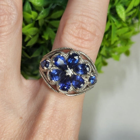 925 Sterling Silver Vintage Art Deco Blue Flower Ring