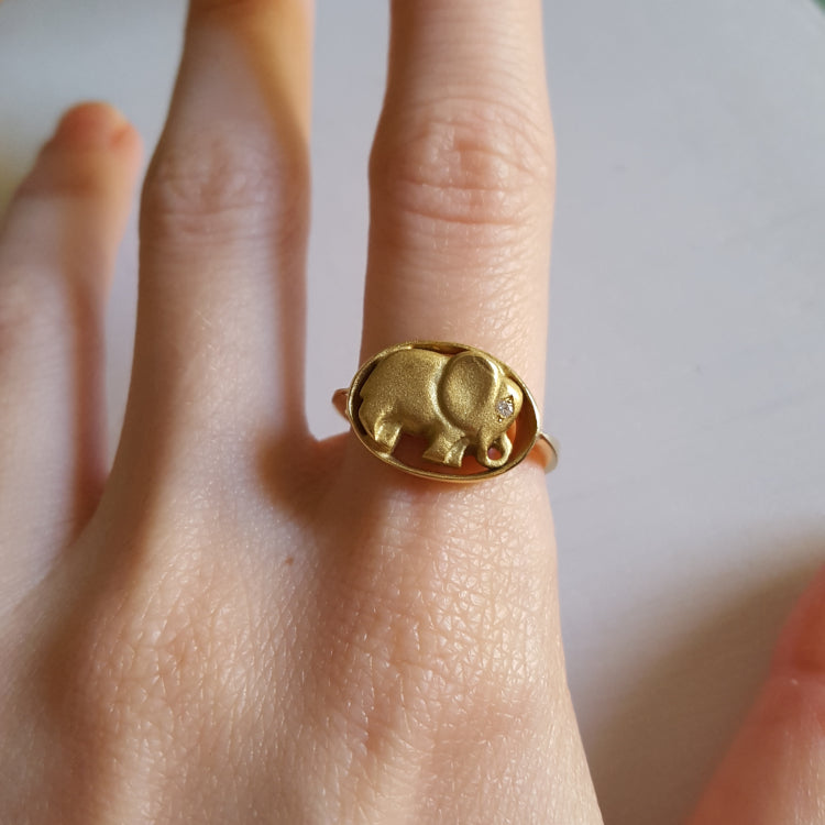 Baby Elephant Halo Ring - 18k Yellow Gold and Diamond