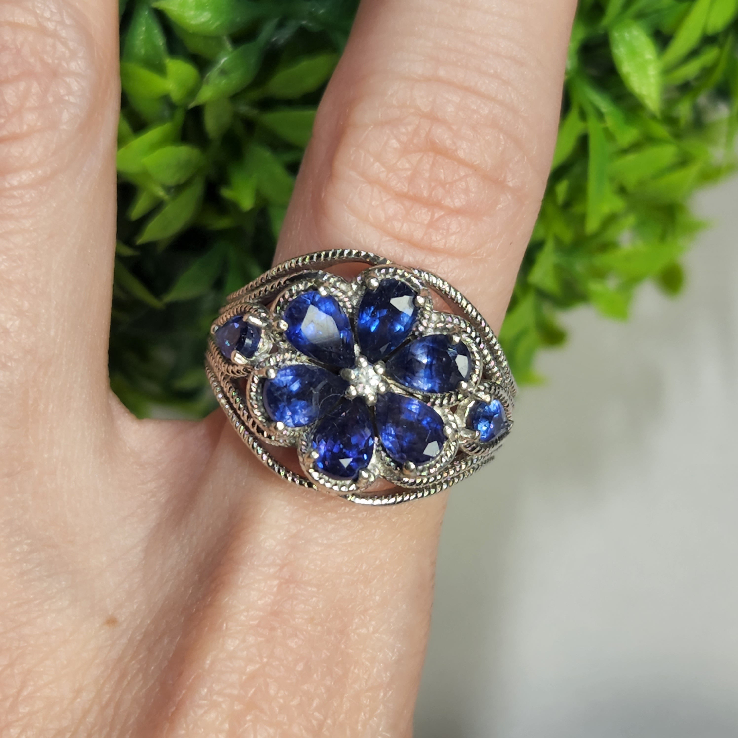 925 Sterling Silver Art Deco Sapphire Flower Ring