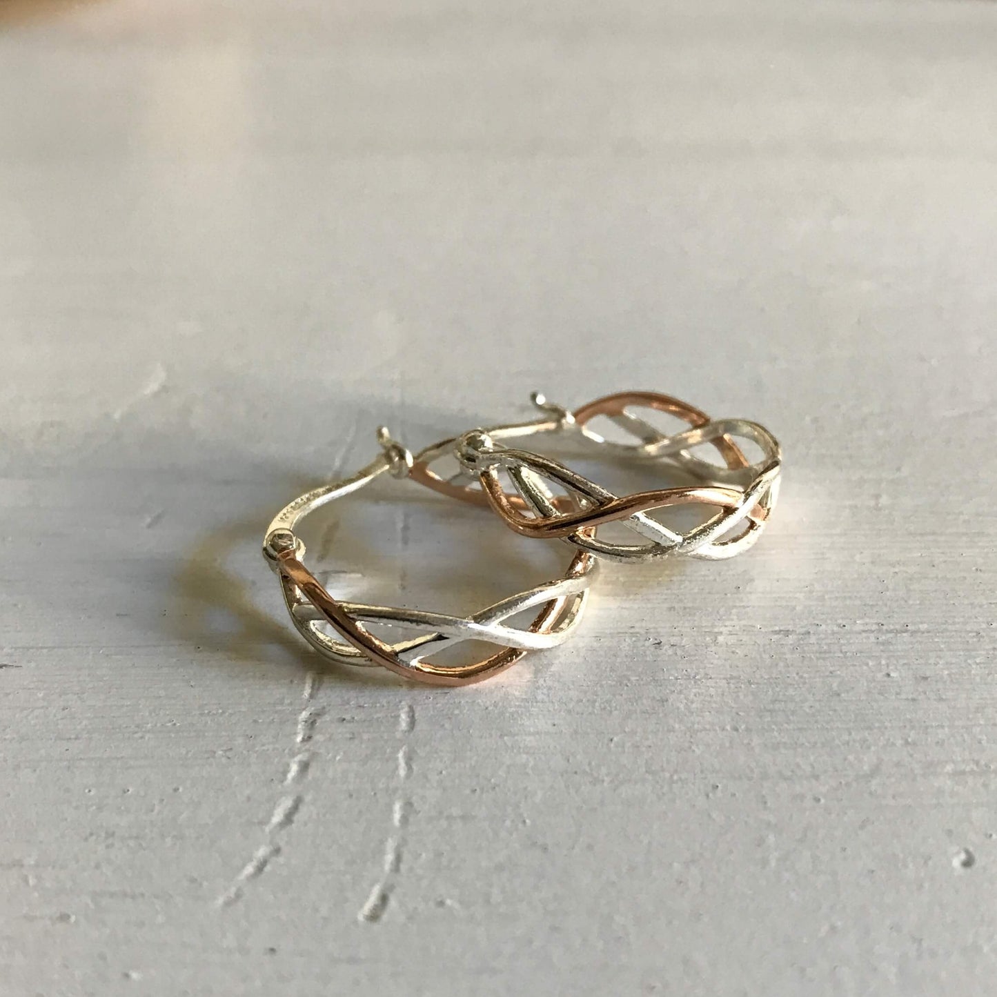 925 Sterling Silver and Rose Gold Twist Hoop Earrings