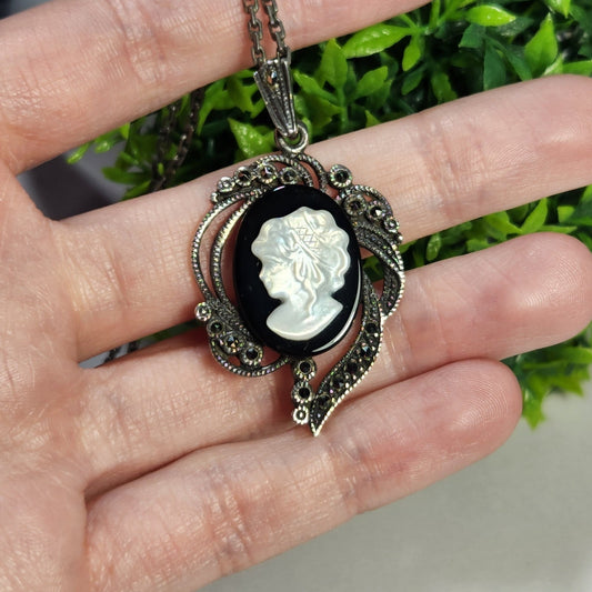 925 Sterling Silver Antique Vintage Cameo Necklace
