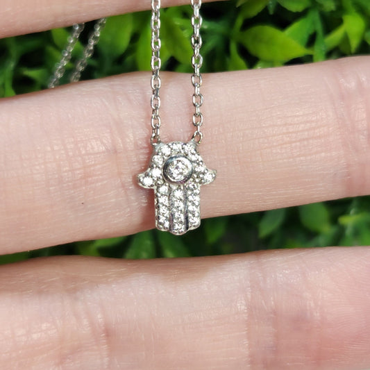925 Sterling Silver and CZ Hamsa Necklace